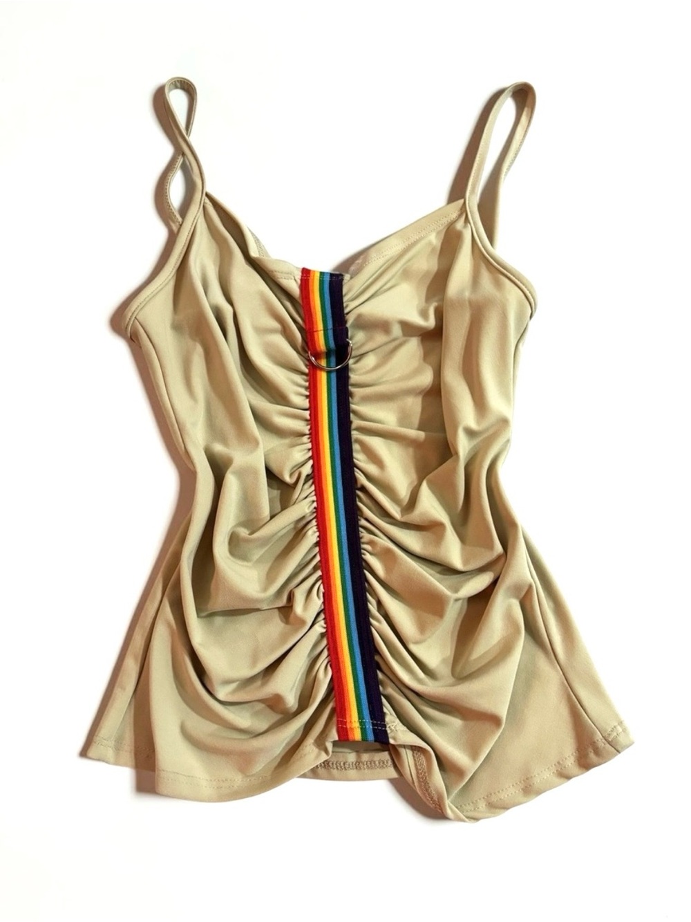 Vintage Y2K Ruched Rainbow Cami Tank Top Beige Party Festival M